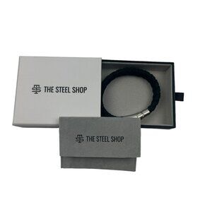 The Steel Shop 12MM Black Leather Steel Bracelet 8 Inches Brand New